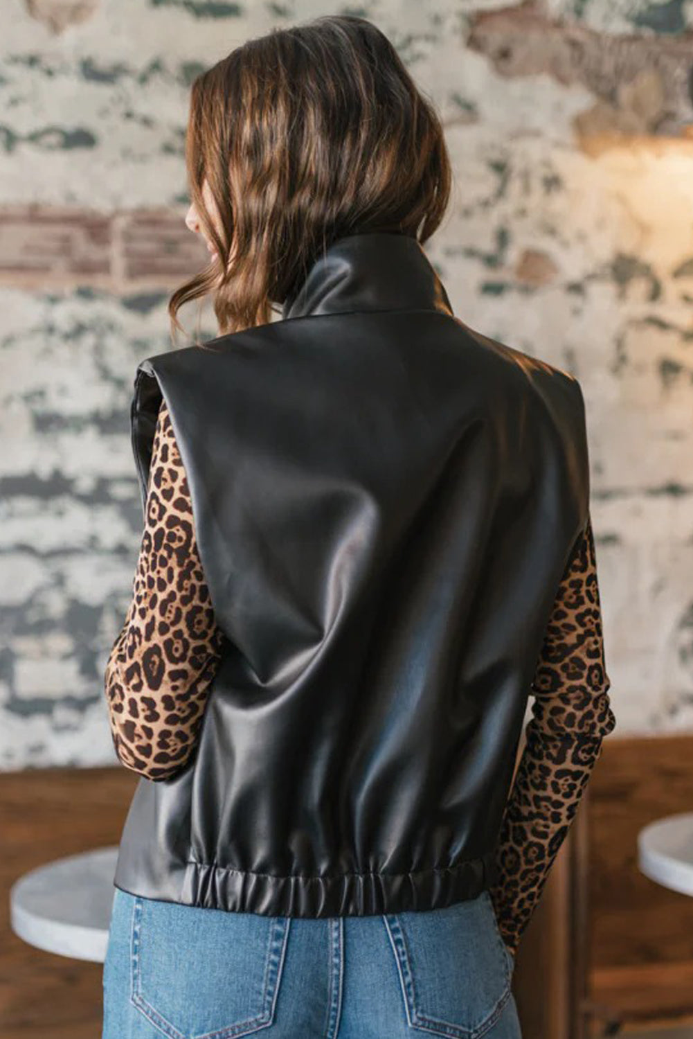 Black Double Flap Pocket Faux Leather Zip Up Stand Neck Vest