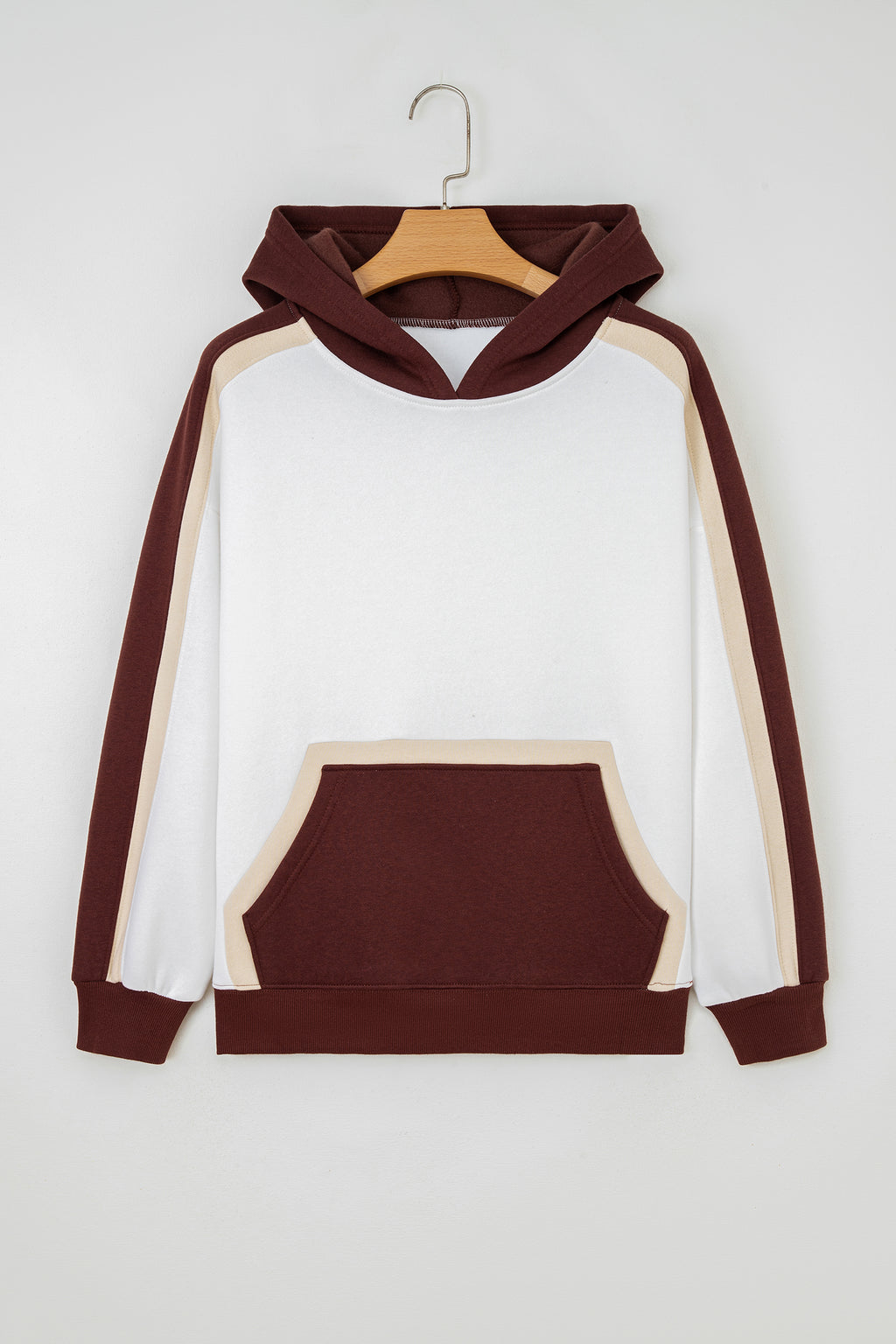 Coffee Color Block Patchwork Athleisure Hooded Sweatshirt