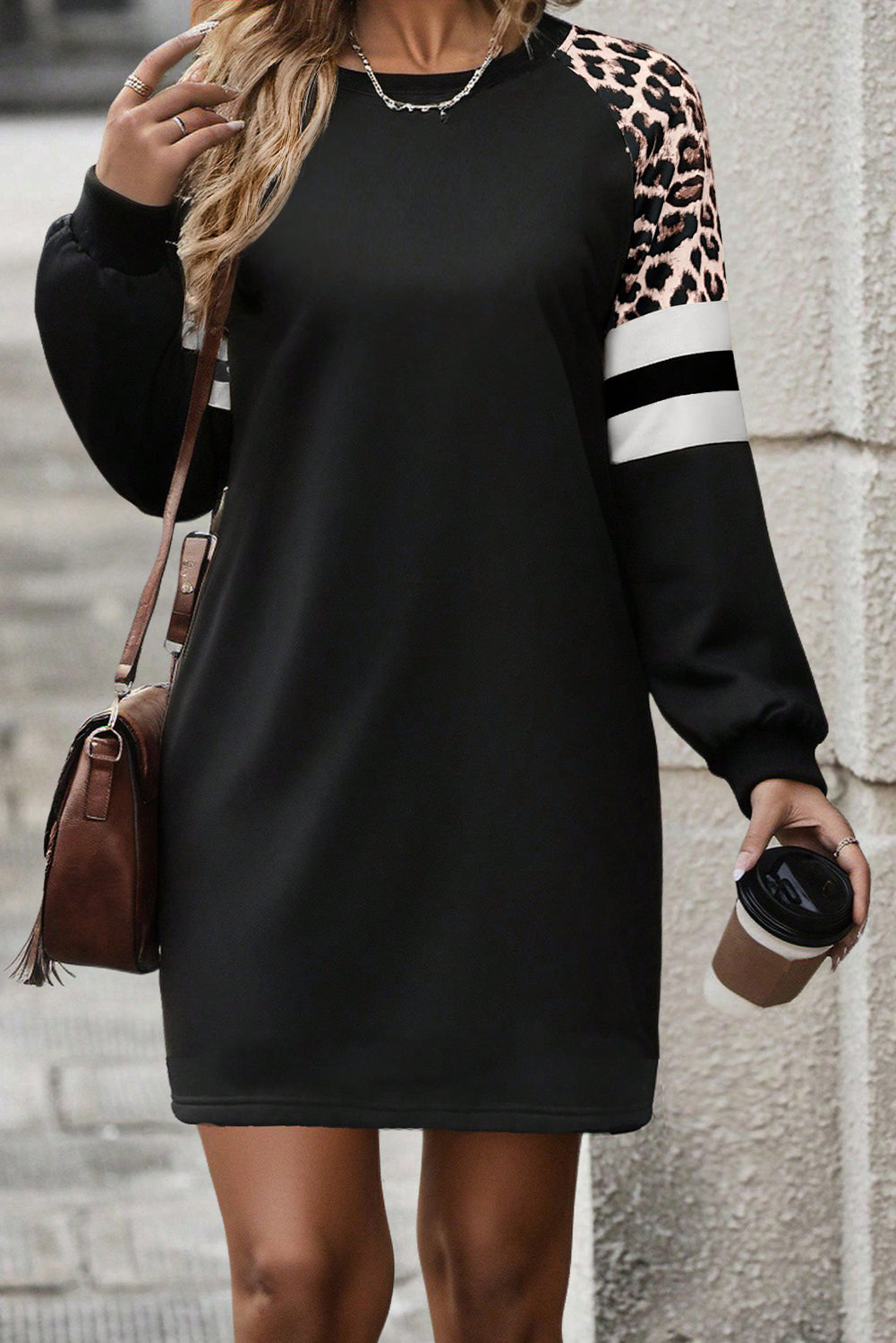 Black Leopard Print Patchwork Varsity Raglan Sleeve Sweatshirt Dress