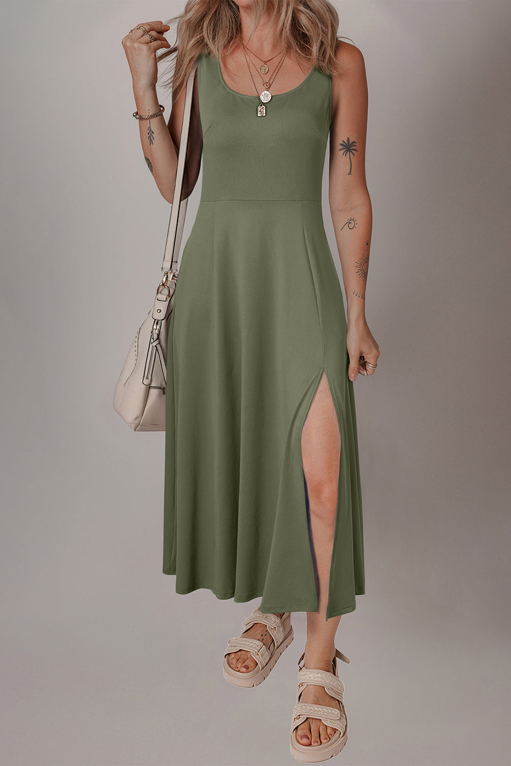 Four Leaf Clover Sleeveless Scoop Neck Flared Split Midi Dress