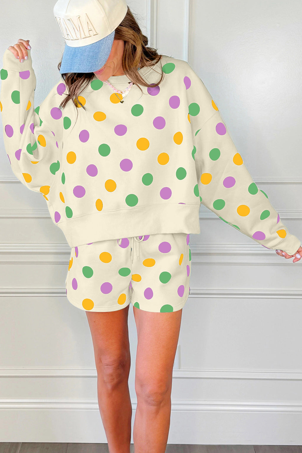 Beige Polka Dot Print Drop Shoulder Pullover Drawstring Shorts Set