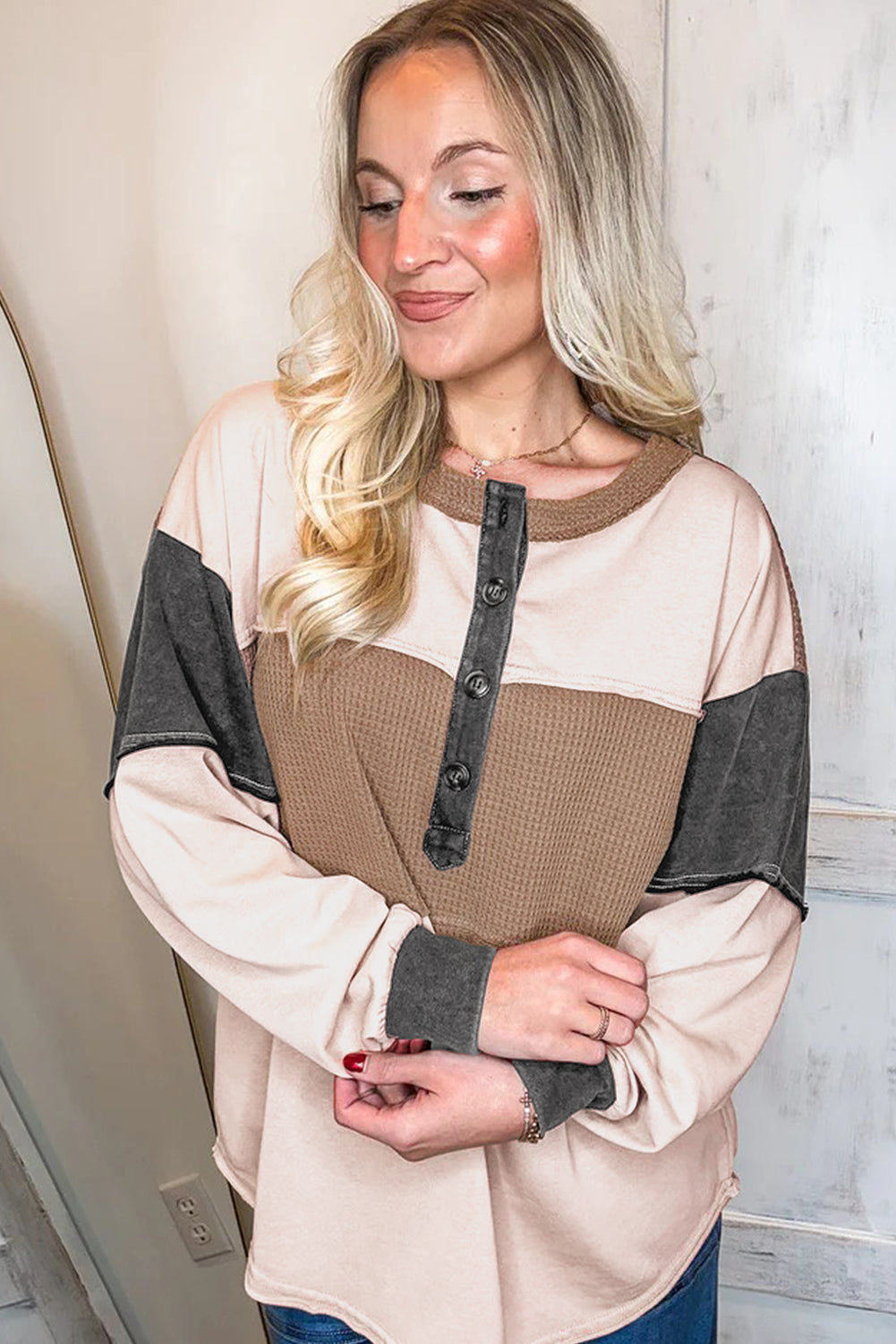 Jet Stream Color Block Waffled Patchwork Loose Henley Top