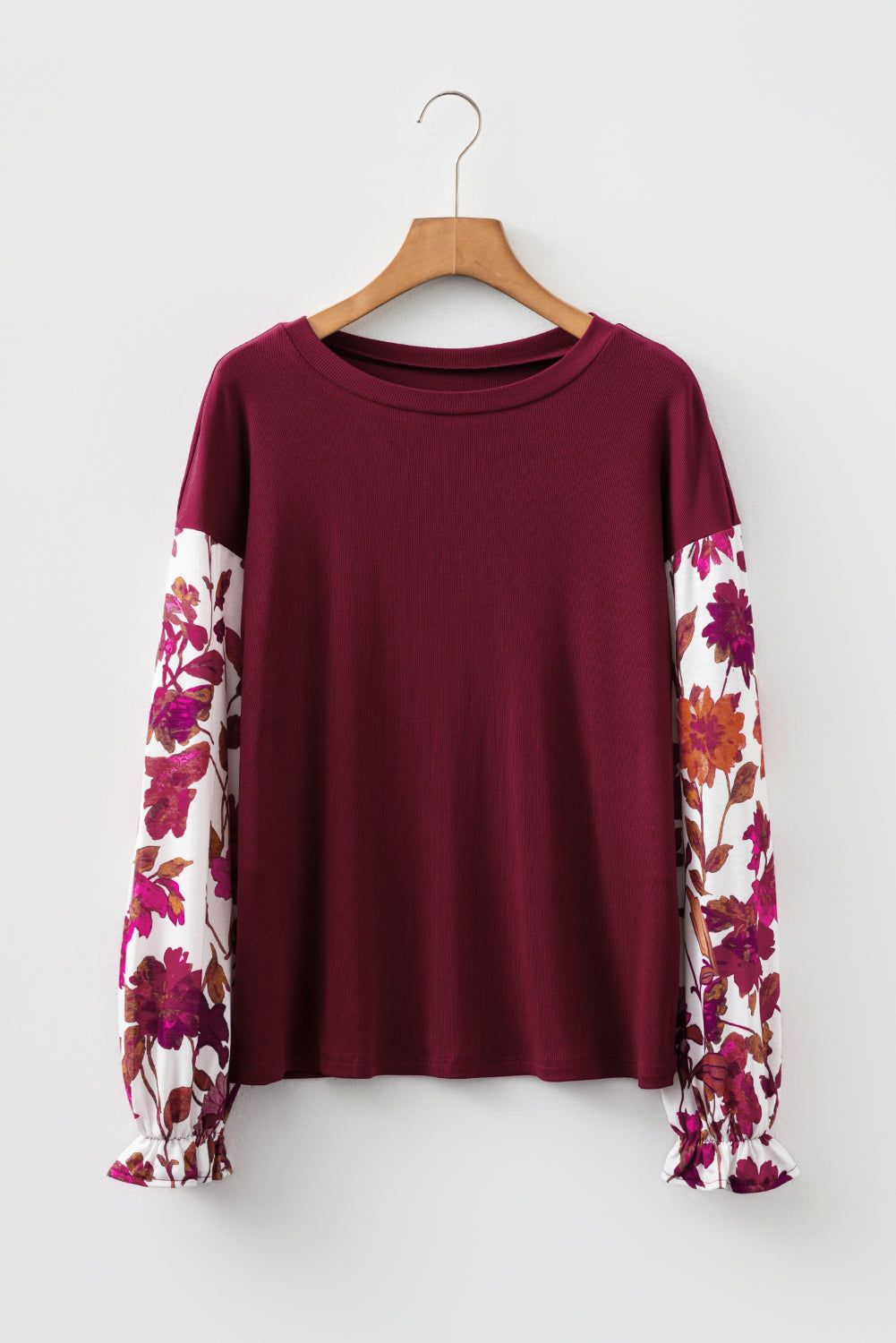 Wild Ginger Contrast Floral Sleeve Solid Ribbed Body Patchwork Long Sleeve Top