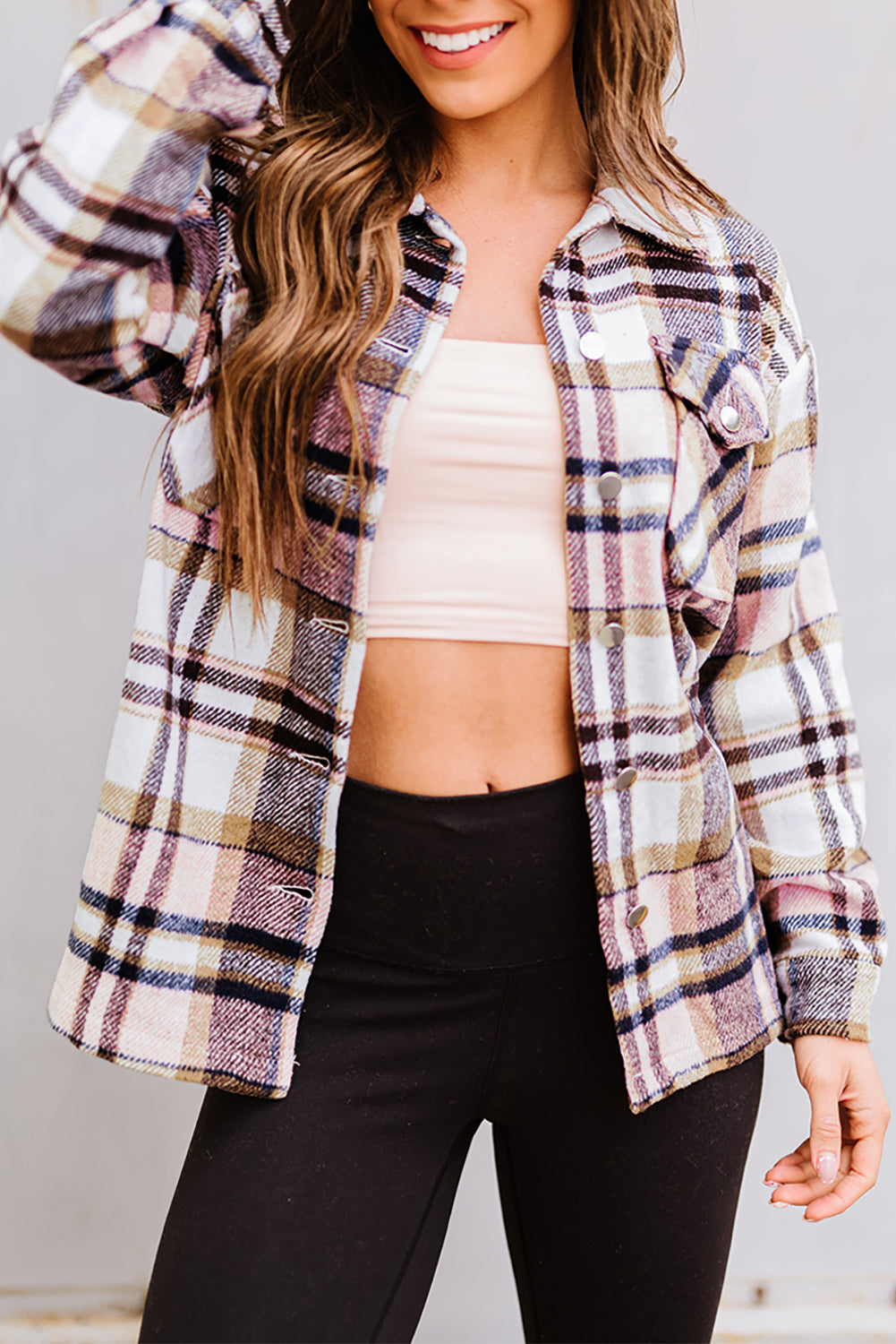 Khaki Geometric Plaid Print Pocketed Shacket