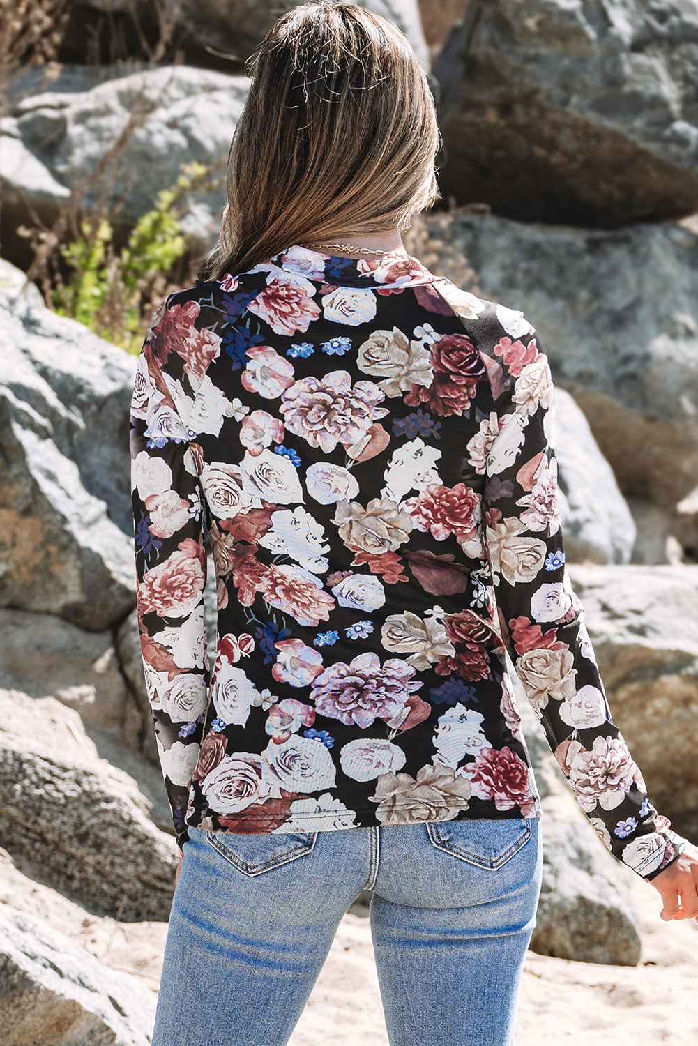 Pink Mesh Floral Print Mock Neck Long Sleeve Slim Top
