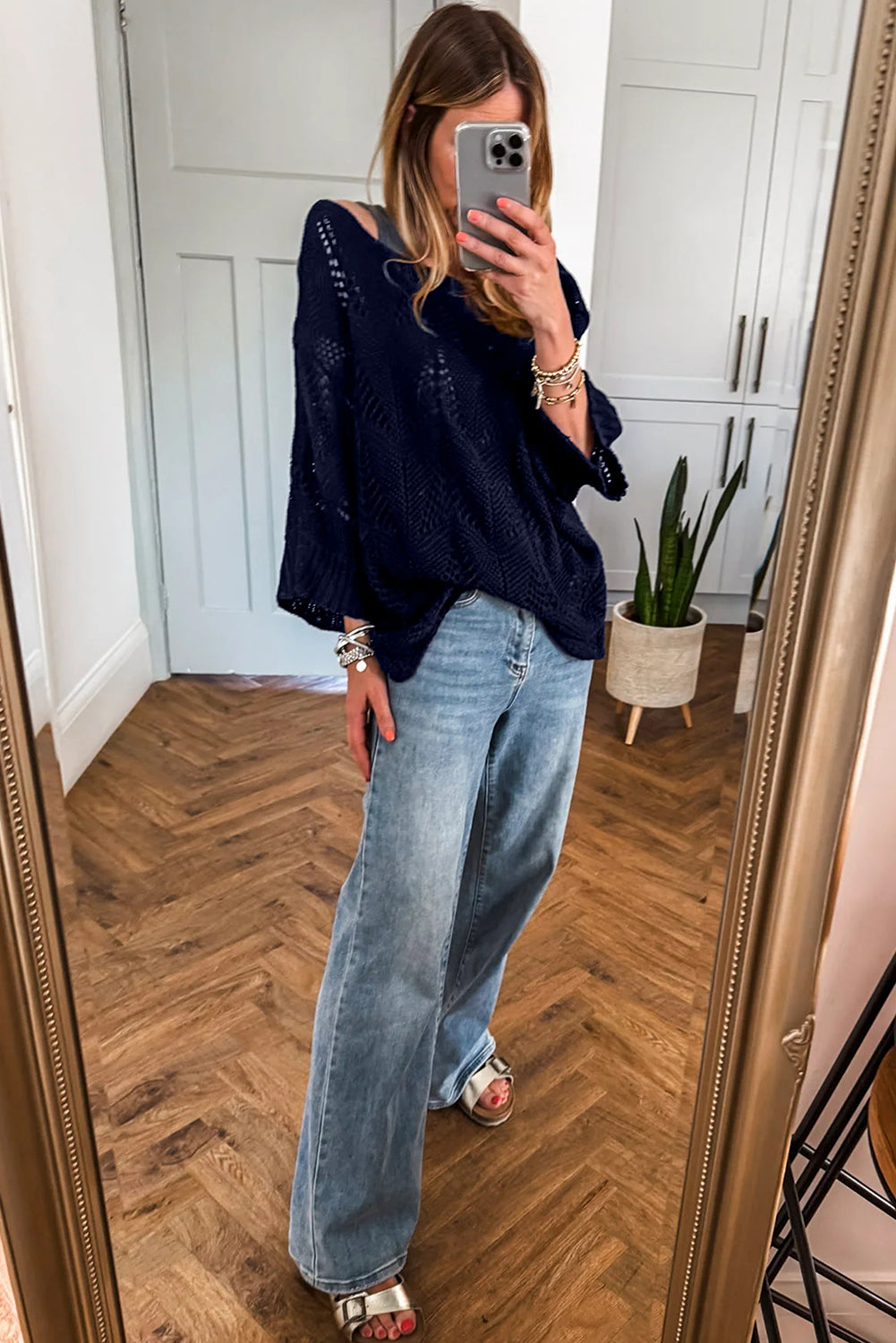 Navy Blue Hollow Out Knit 7/8 Sleeve Casual Sweater