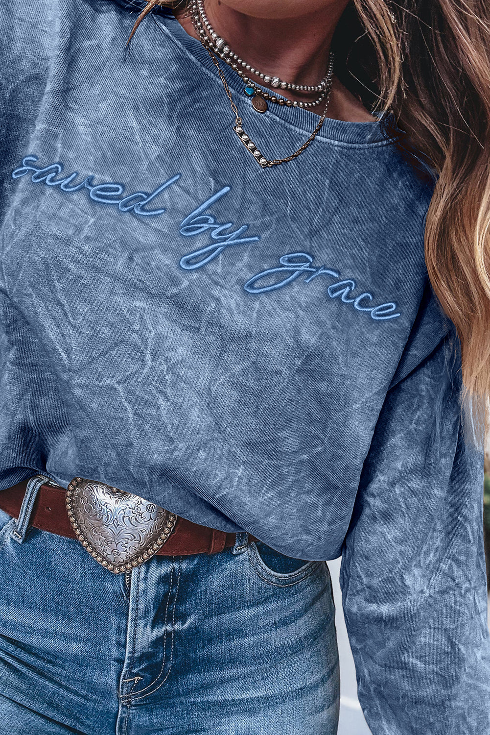 DUNE saved by grace Letter Embroidery Mineral Wash Loose Sweatshirt