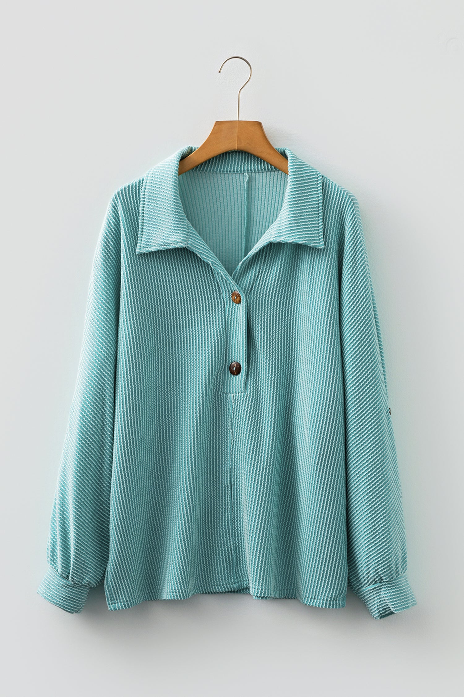 Light Blue Oversized Twist Ribbed Collared Henley Top with Roll up Sleeve