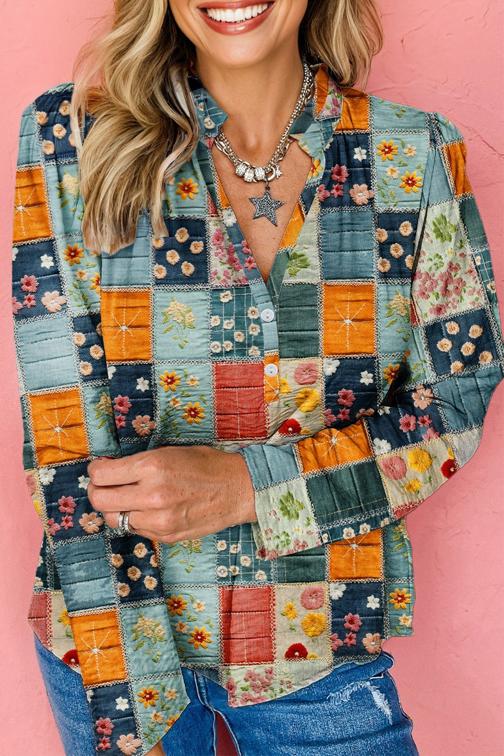 Sky Blue Fall Floral Half Placket Collared V Neck Blouse