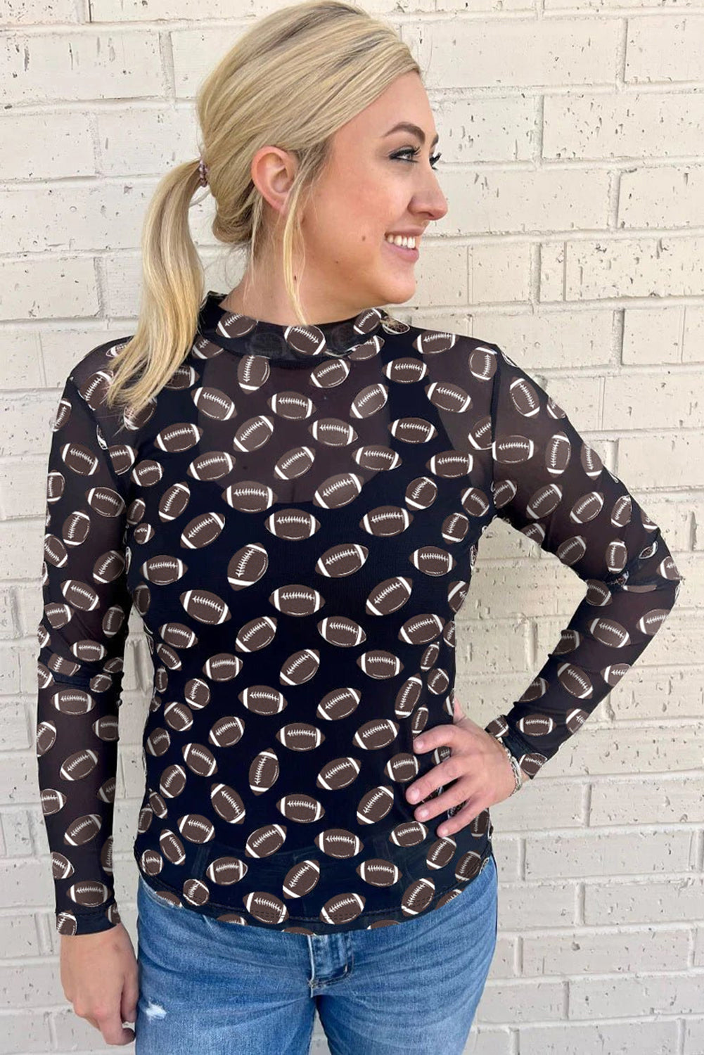 Black Game Day Rugby Mesh Sheer Long Sleeve Top