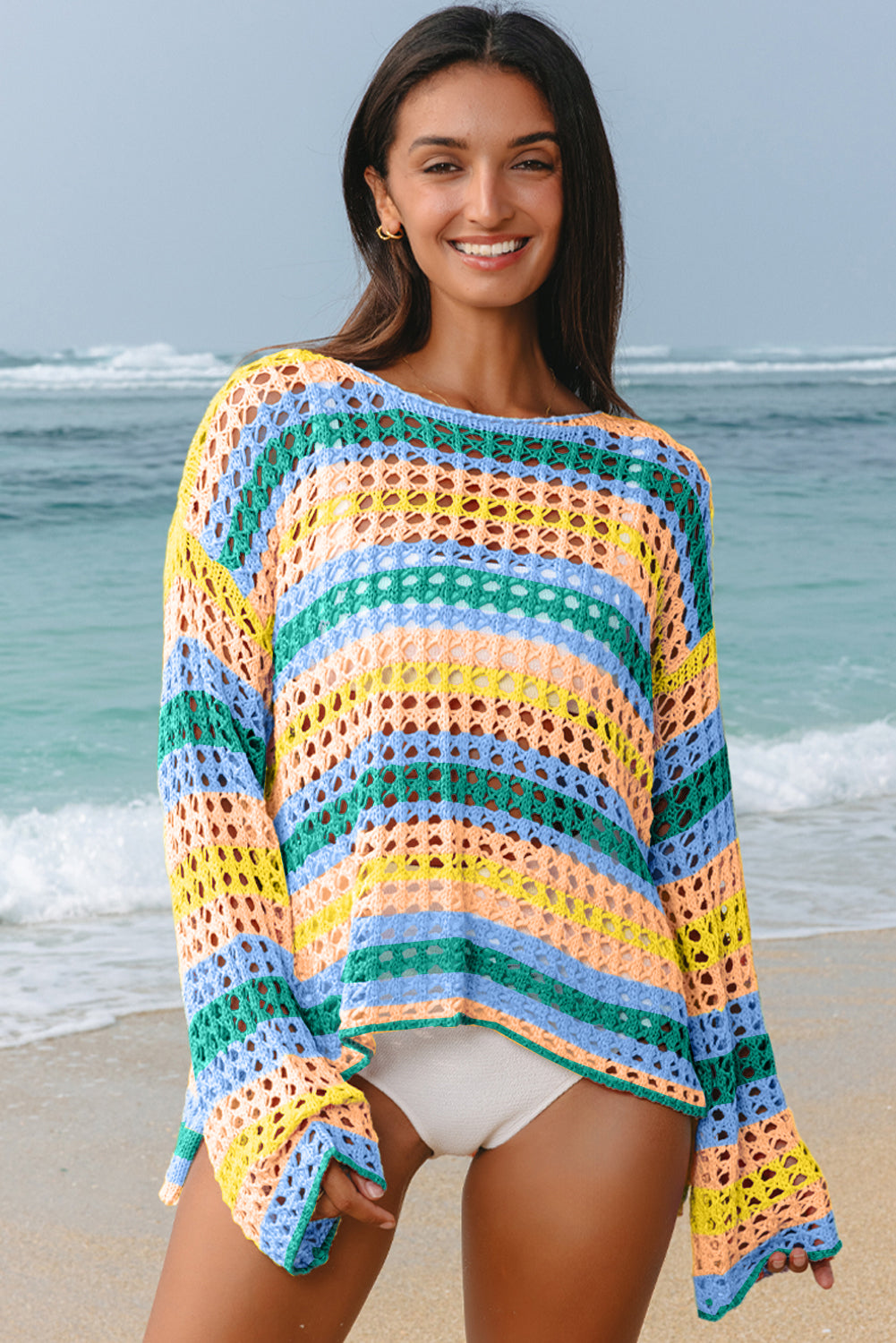 Carrot Multi Stripe Open Knit Sweater Beach Cover Up