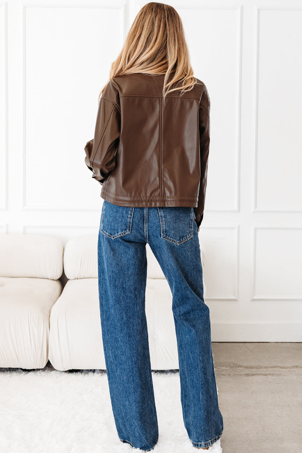 Chicory Coffee Double Flap Pocket Drawstring Hem Leather Jacket