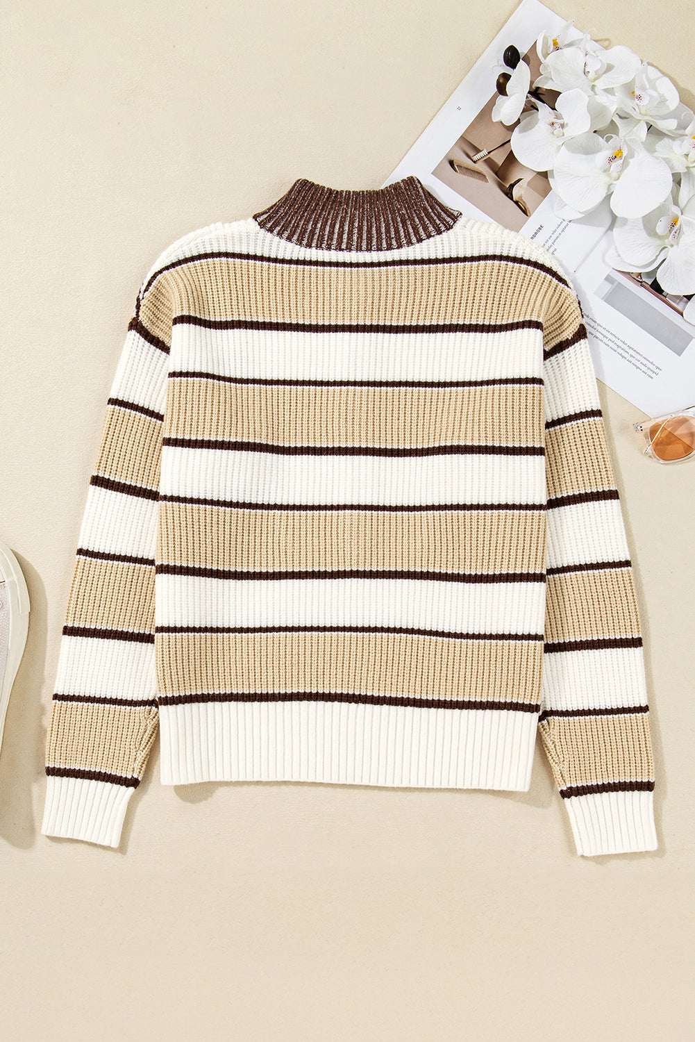 Khaki Stripe Half Zip Drop Shoulder Womens Sweater