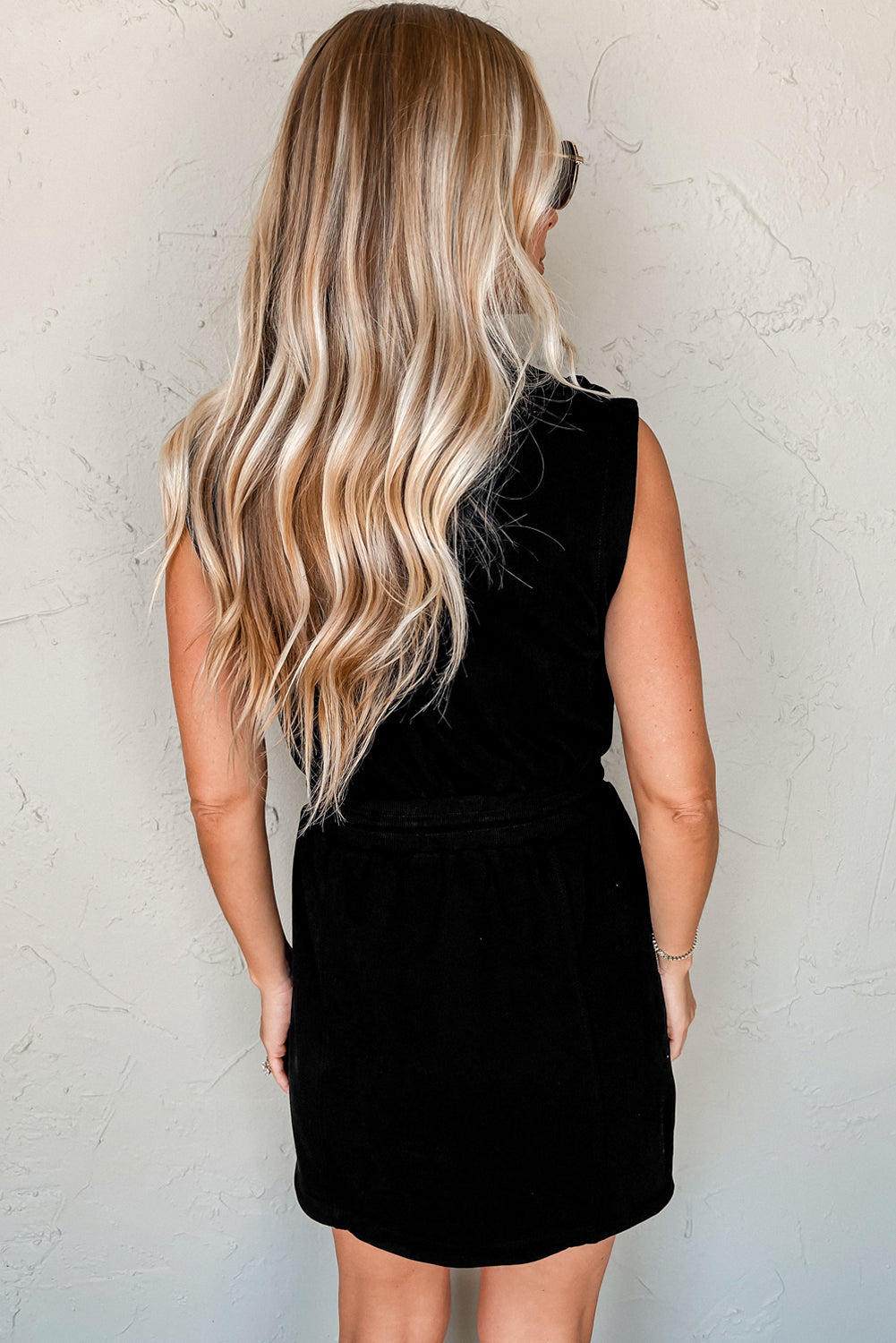 Black French Terry Zipped Collar Sleeveless Drawstring Waist Mini Dress